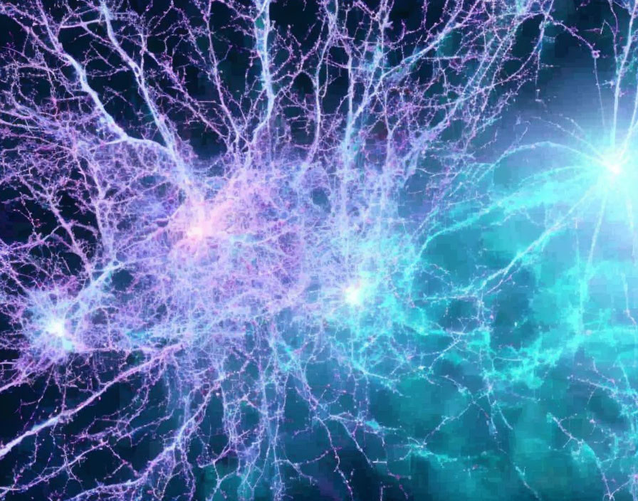 Neural Network Visualization in Pink and Blue on Dark Background