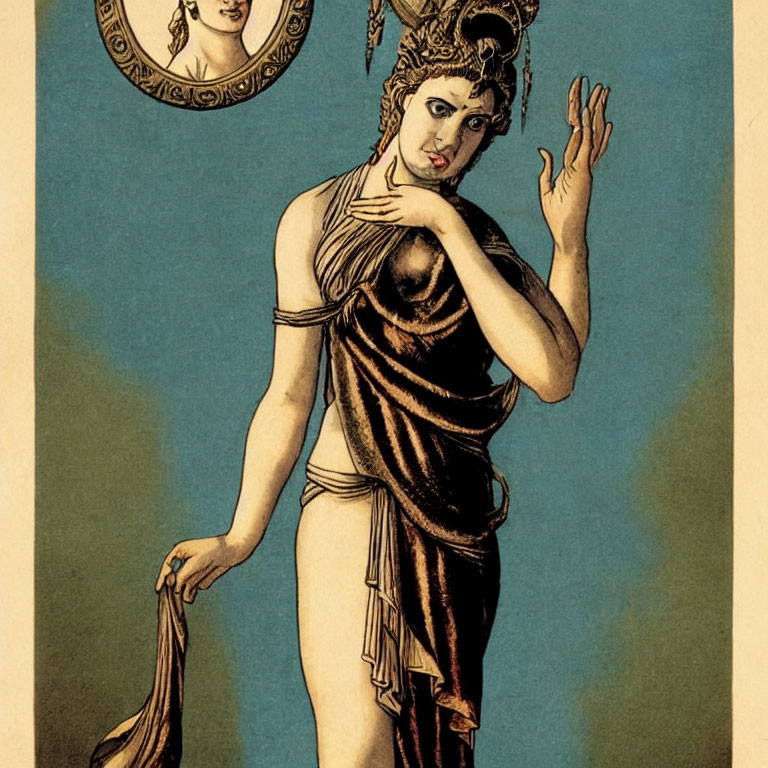 Vintage Illustration of Classical Figure with Draped Garments and Shield