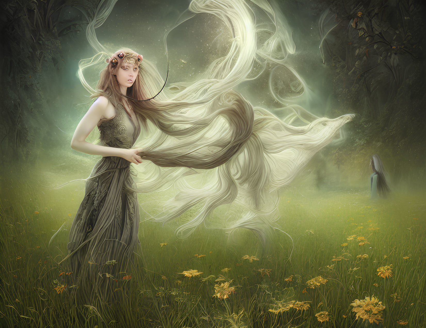 Mystical woman in forest with flowing hair, light streaks, flowers, and shadowy figure