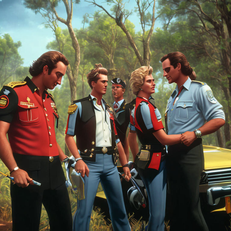 Stylized animated characters in uniforms with classic car in forest