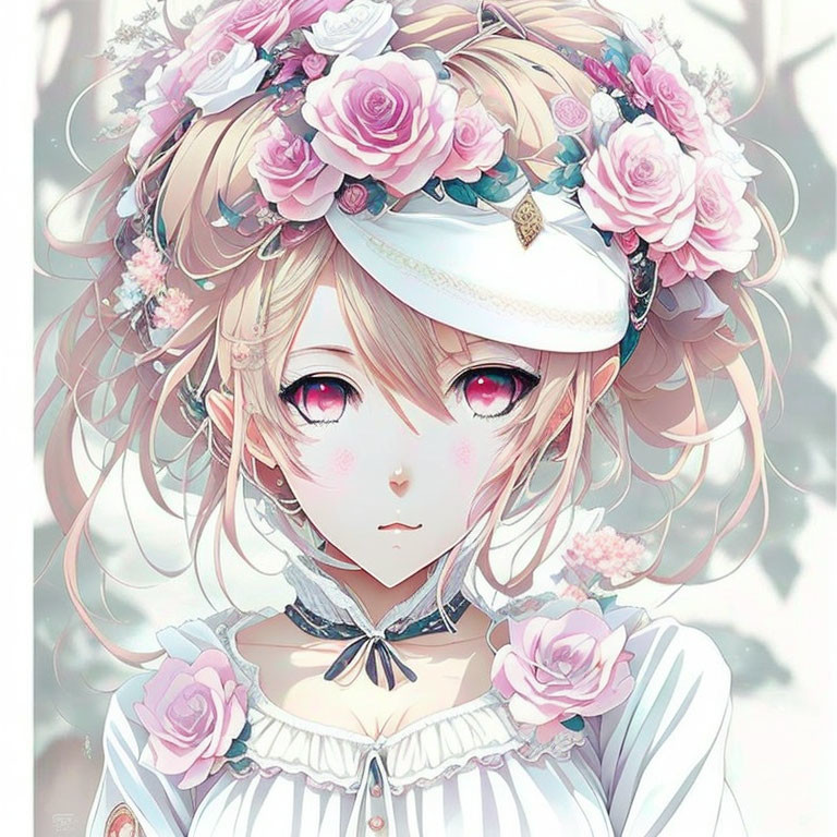 Pink-Eyed Anime Girl with Floral Wreath in Snowy Scene