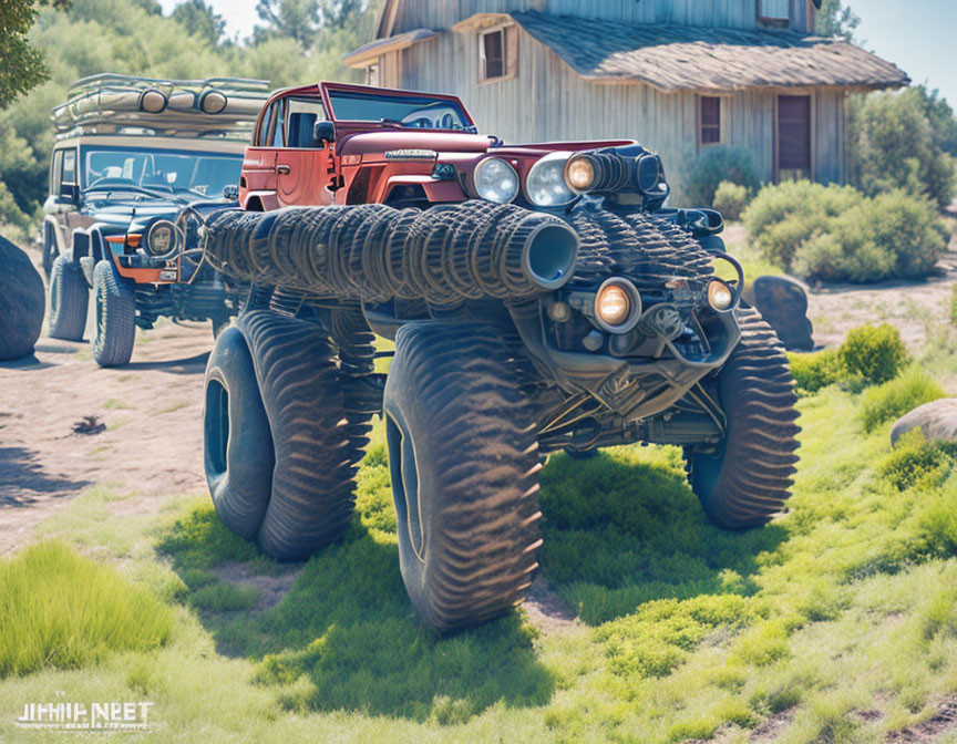 Customized off-road vehicle with large tires and coil suspension parked in front of a building.