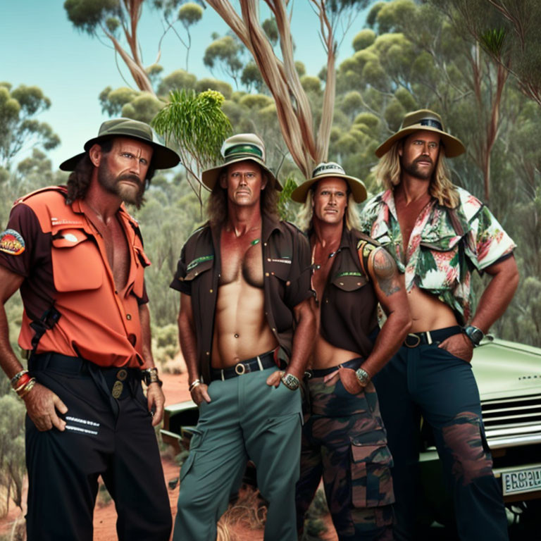 Four men in rugged Australian outback attire posing near green vehicle