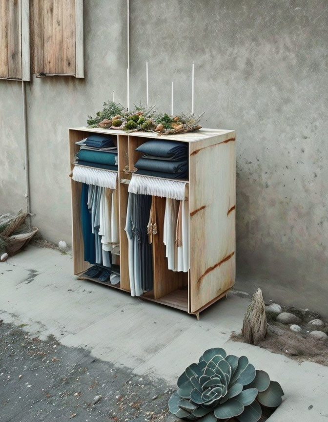 Simple Wooden Storage Cabinet with Towels, Linens, Plant, and Candles