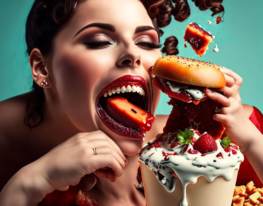 Woman with dramatic makeup biting sandwich amid flying strawberries and splashing milk