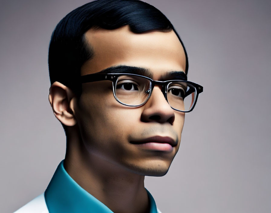 Black-Haired Man in Glasses with Blue Shirt on Neutral Background