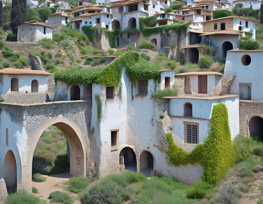 Unique White Rounded Houses with Arches and Green Ivy on Hilly Landscape