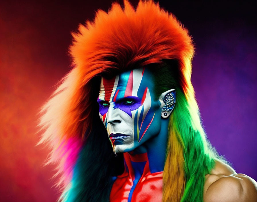 Colorful face paint and mohawk hairstyle on person against gradient backdrop