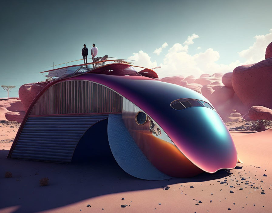 Futuristic structure with two people in desert landscape.