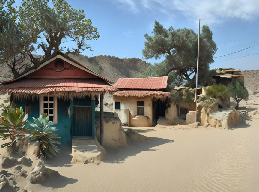 Rustic house with red roof in desert landscape