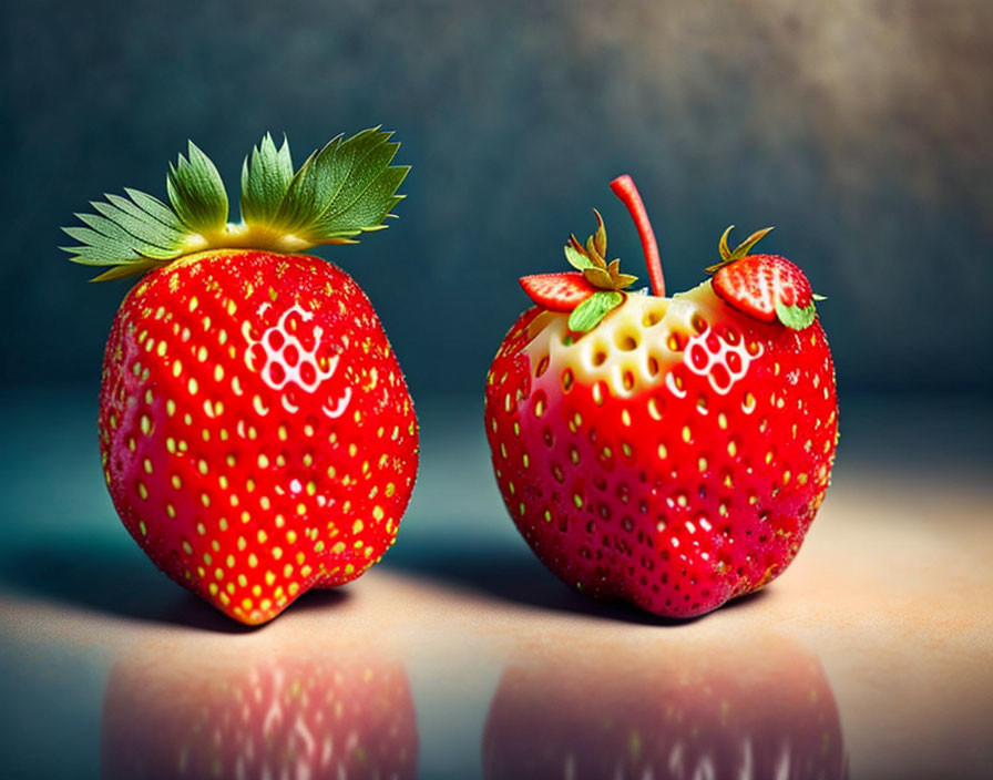 Digital Art: Strawberry & Apple Hybrid on Reflective Surface