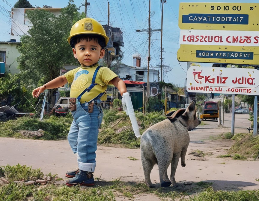 Toddler with pig on leash in urban setting on sunny day