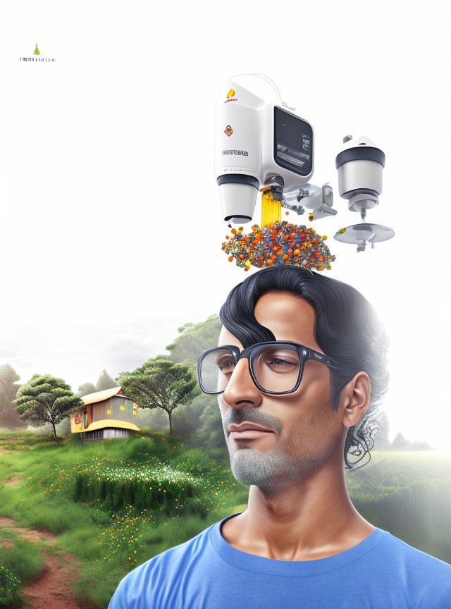 Man with fruit-dispensing machine symbolizing thoughts in rural setting