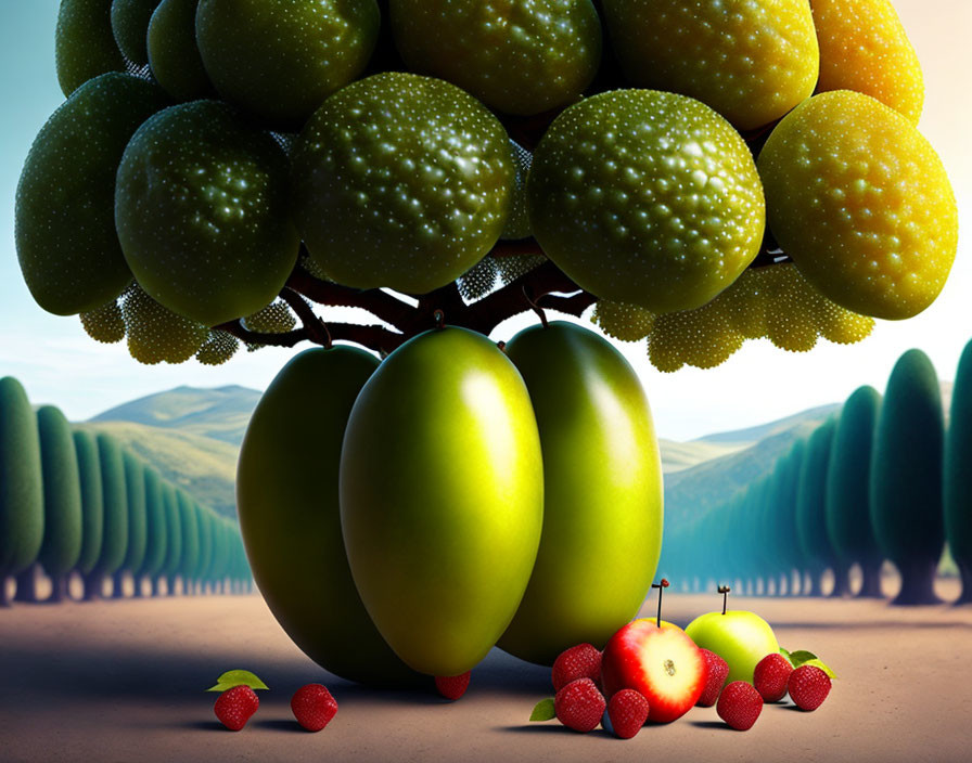 Surreal landscape featuring oversized fruits like green mangos, giant apples, and small strawberries.