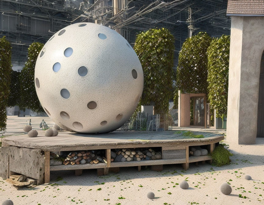 Perforated Sphere on Wooden Platform in Industrial Setting