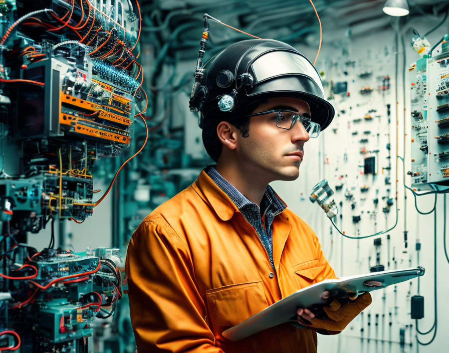 Engineer in hard hat inspects wiring with tablet in industrial setting