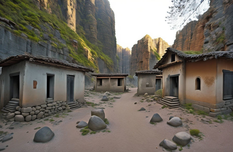 Stone houses in narrow valley with cliffs and sandy ground