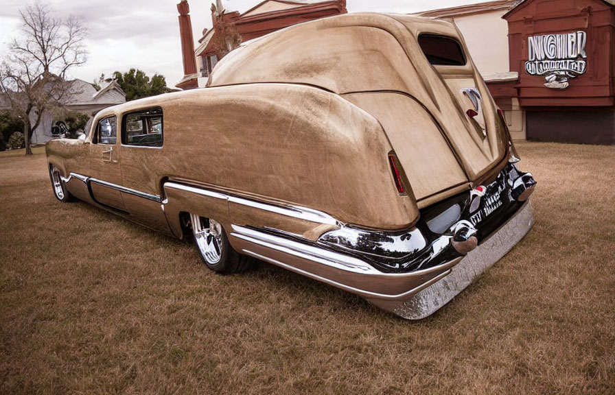 Customized Beige Stretch Car with Chrome Details and White-Wall Tires Parked on Grass