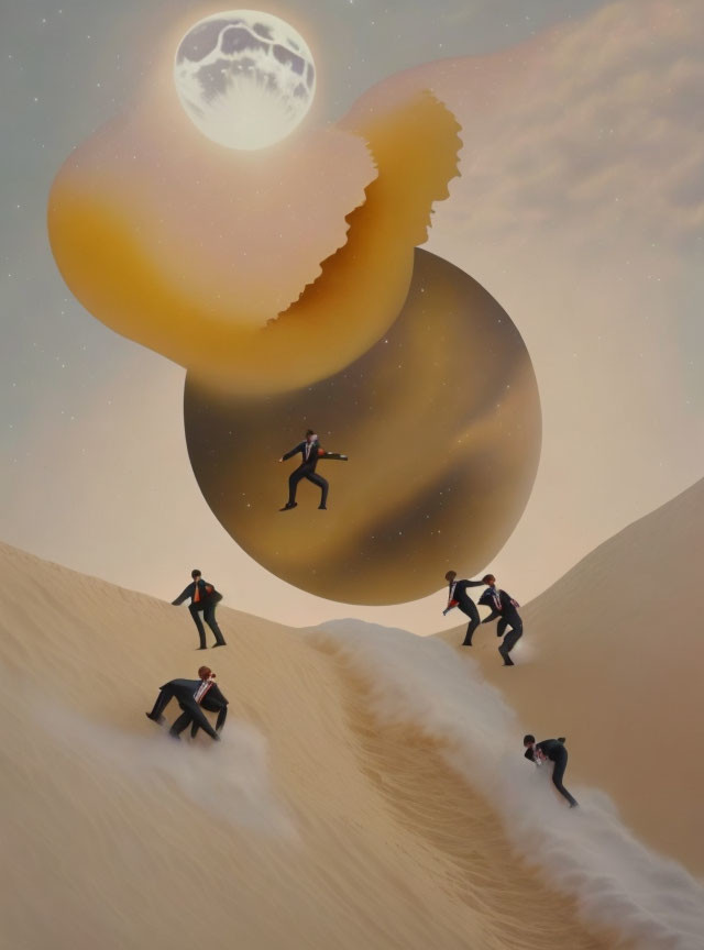 Surreal artwork: People climbing dune to broken sphere in cloudy sky