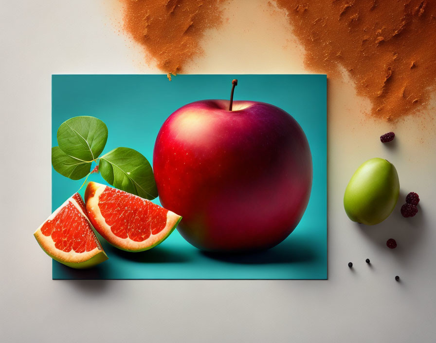 Vibrant still life with oversized red apple, grapefruit, green apple, berries, and spices