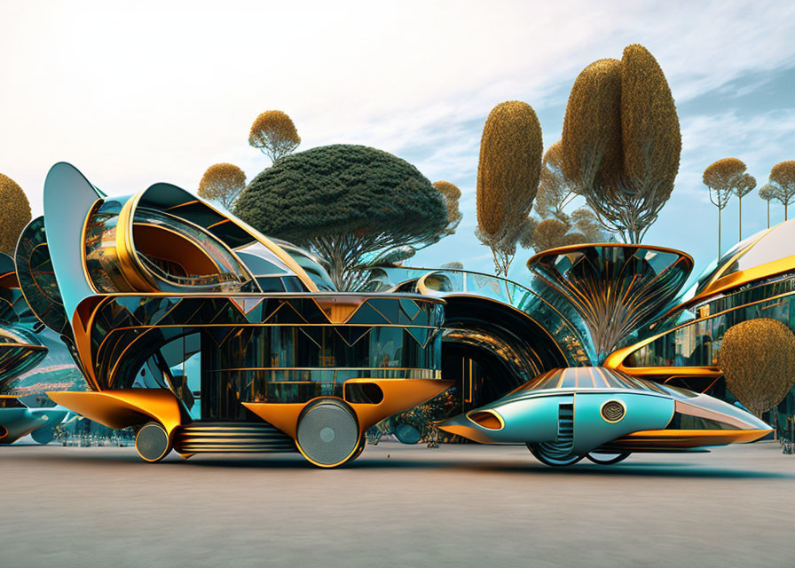 Futuristic cityscape with organic architecture and hovering vehicle in unique sky.