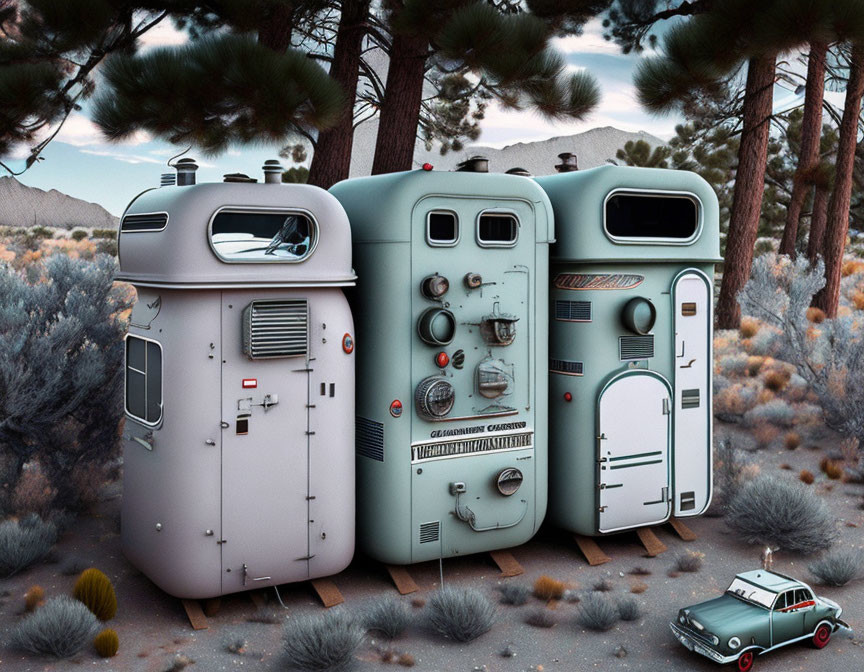 Vintage Trailers Transformed into Retro Futuristic Robots in Desert Scene