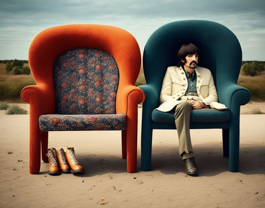 Oversized armchairs in desert: orange & blue, man in blue chair, shoes by