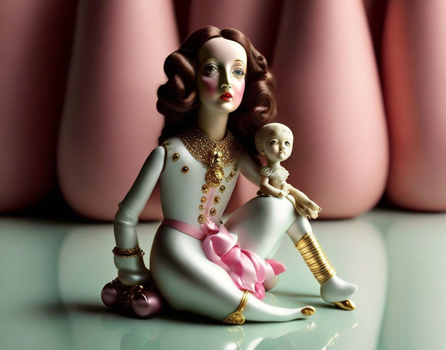 Intricately detailed porcelain doll in white outfit with gold accents on soft pink background