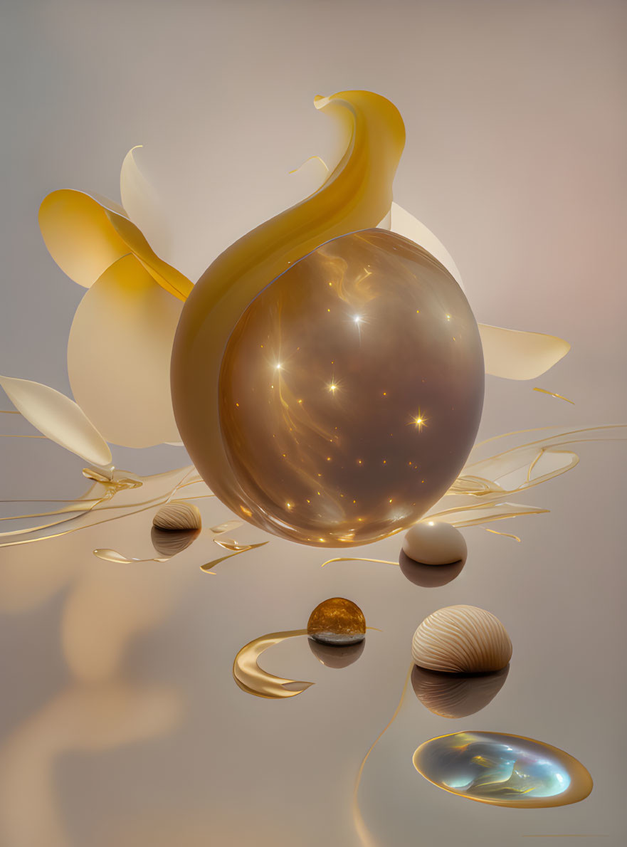 Shiny sphere with sparkles and golden abstract shapes on warm reflective surface