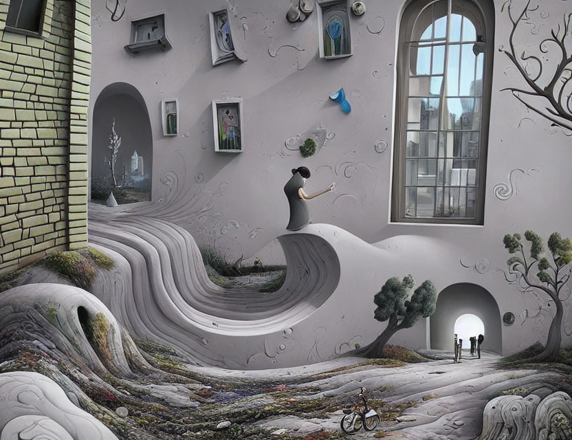 Surreal room with distorted walls, seated figure, whimsical trees, bicycle, and two people