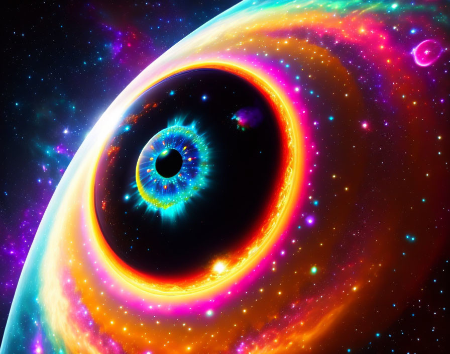 Colorful Cosmic Eye Artwork with Black Hole and Stars