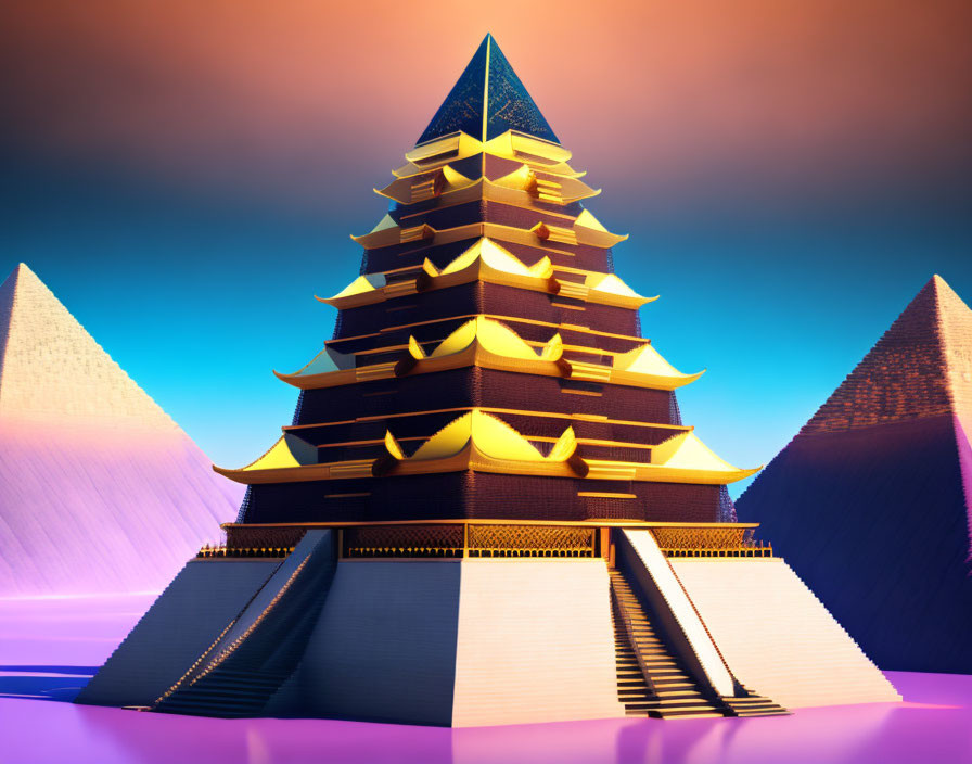 Vibrant Asian pagoda illustration with pyramids under sunset sky