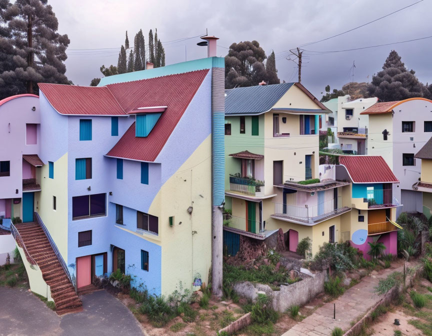 Colorful Residential Area with Unique Houses and Greenery Under Overcast Sky