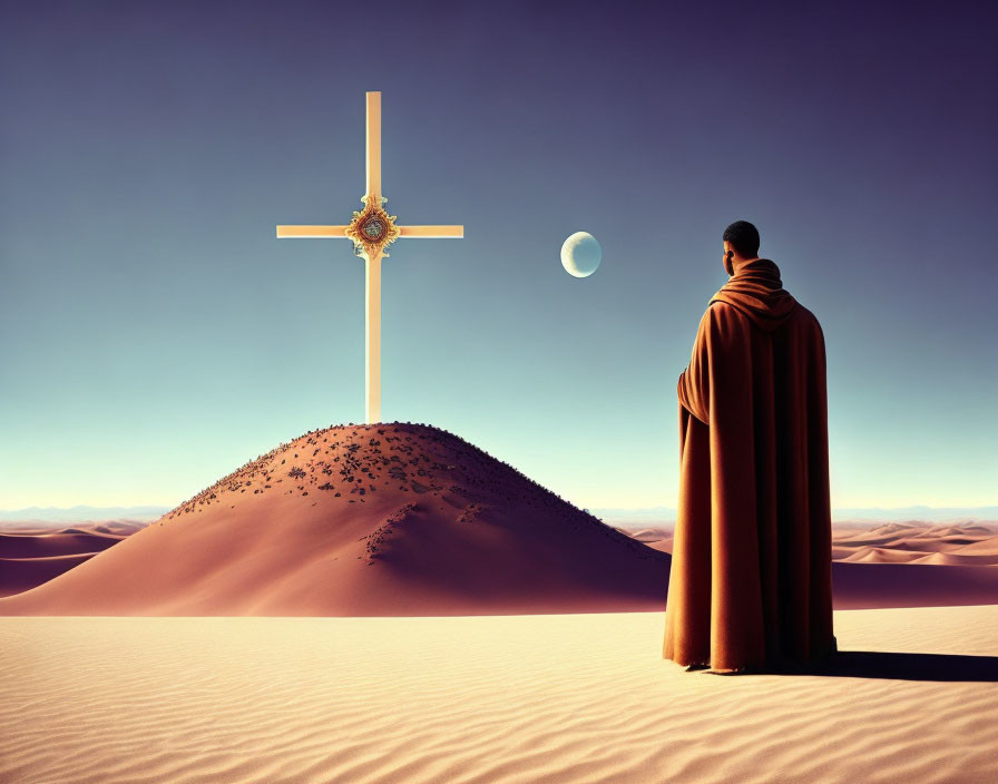 Robed Figure at Large Cross in Desert Landscape