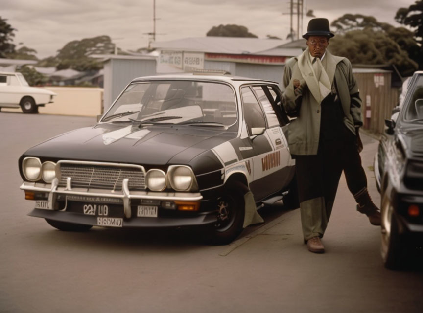 Vintage Photograph: Man in Suit Beside Classic Car