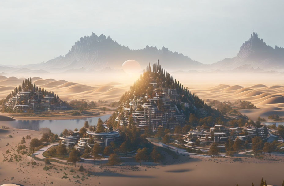 Futuristic desert city with terraced structures and mountains at sunrise or sunset