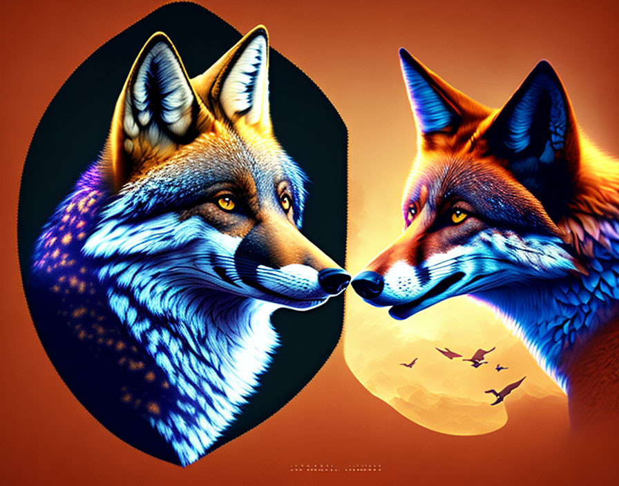 Stylized fox portraits in cool and warm colors against divided background