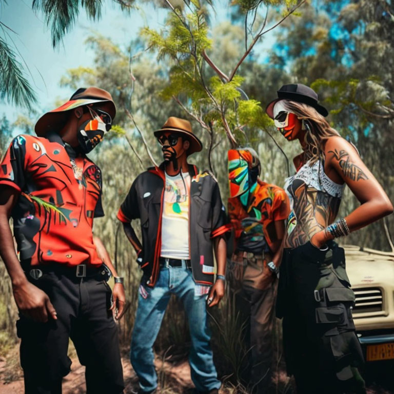 Four fashionable figures in trendy attire by a vehicle in a forest setting