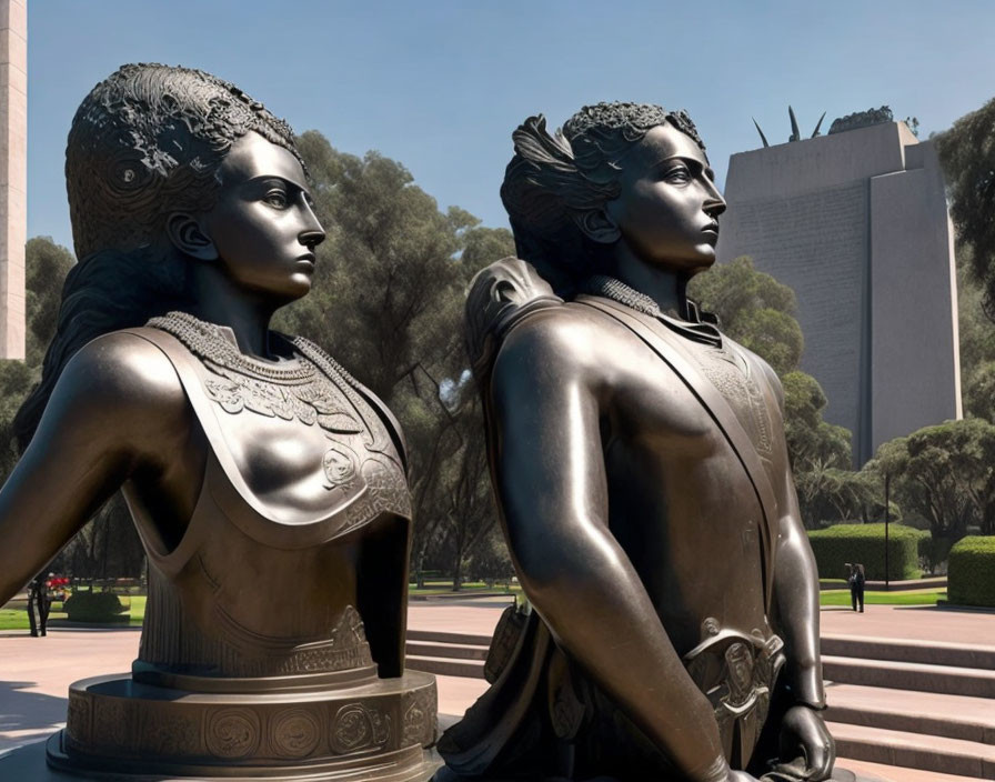 Bronze statues of regal women in classical attire with intricate hairstyles in park setting