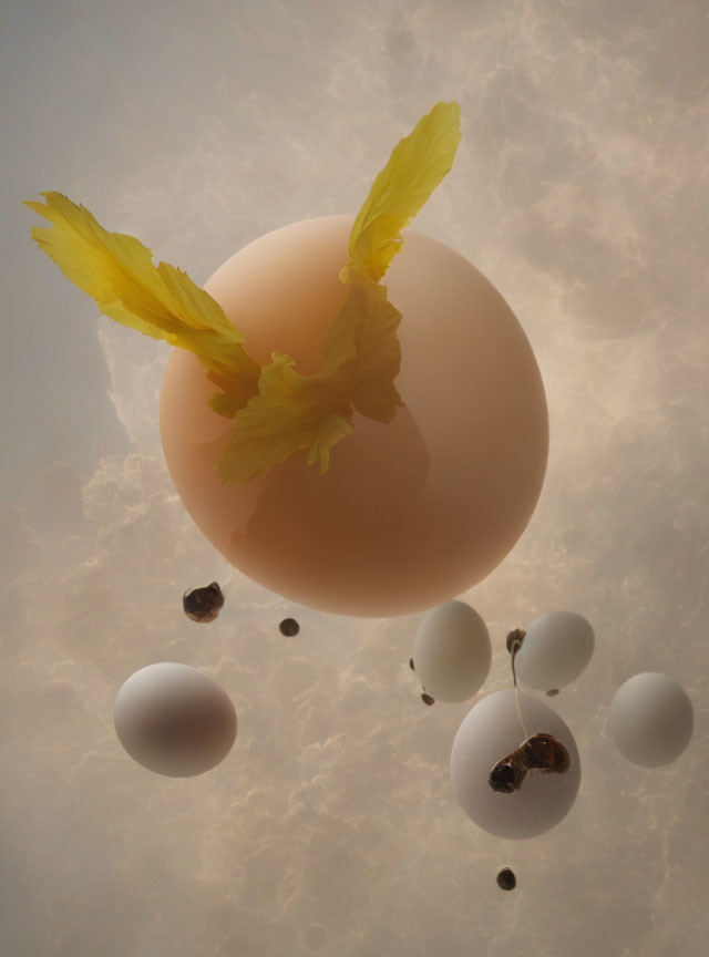 Yellow Feathered Egg Surrounded by Cracked Eggs in Cloudy Scene