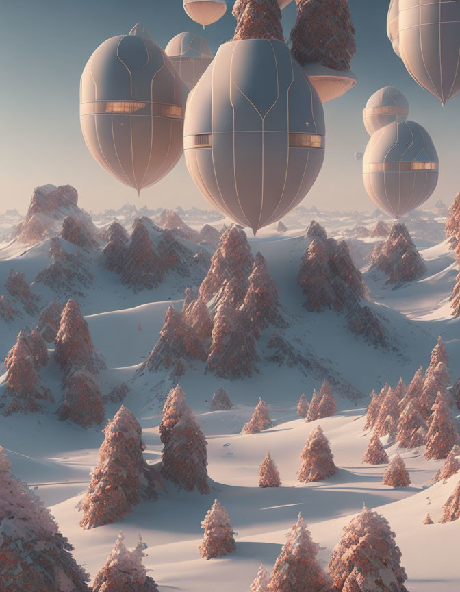 Winter scene: pine trees, floating orbs, mountains, hazy sky