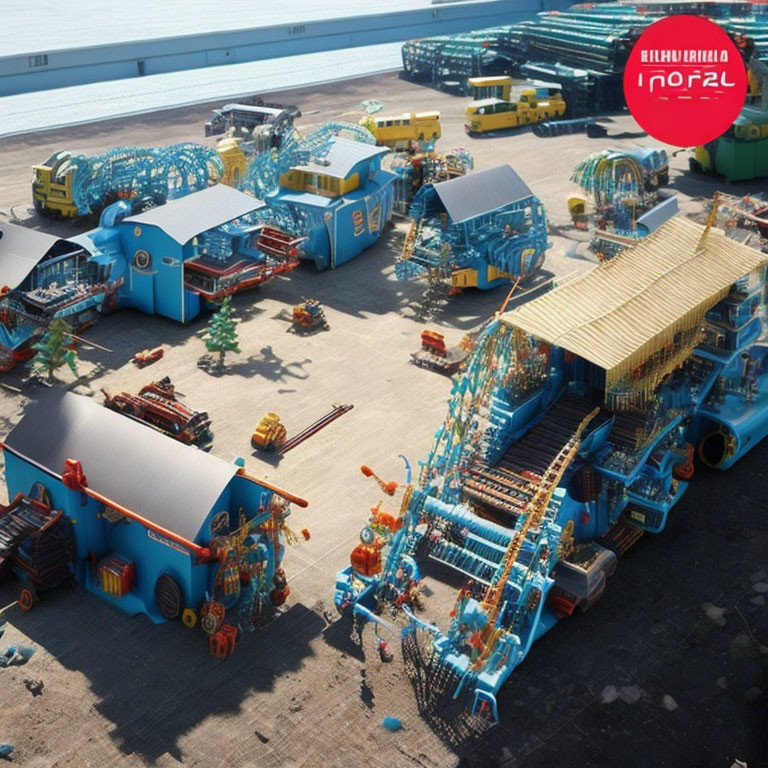 Vibrant industrial harbor with blue buildings and yellow cranes