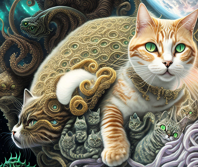 Surreal image of multiple cats with intricate patterns and cosmic backdrop