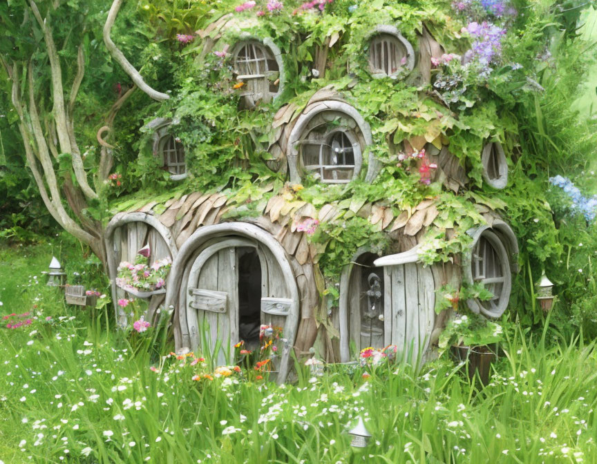 Whimsical fairy-tale cottage in lush garden with round doors and windows