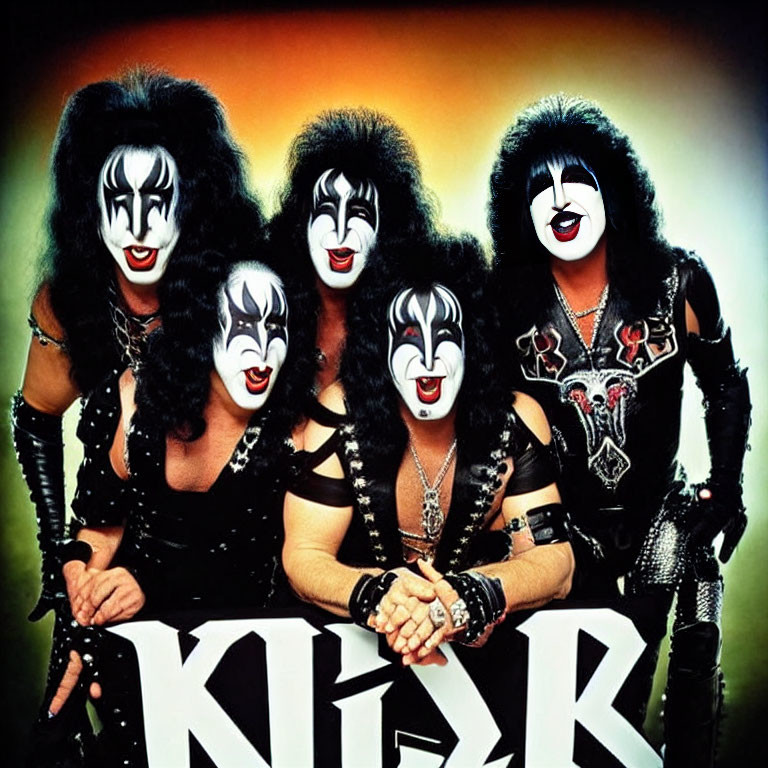 Four individuals in black outfits and face paint posing with "KISS" name.