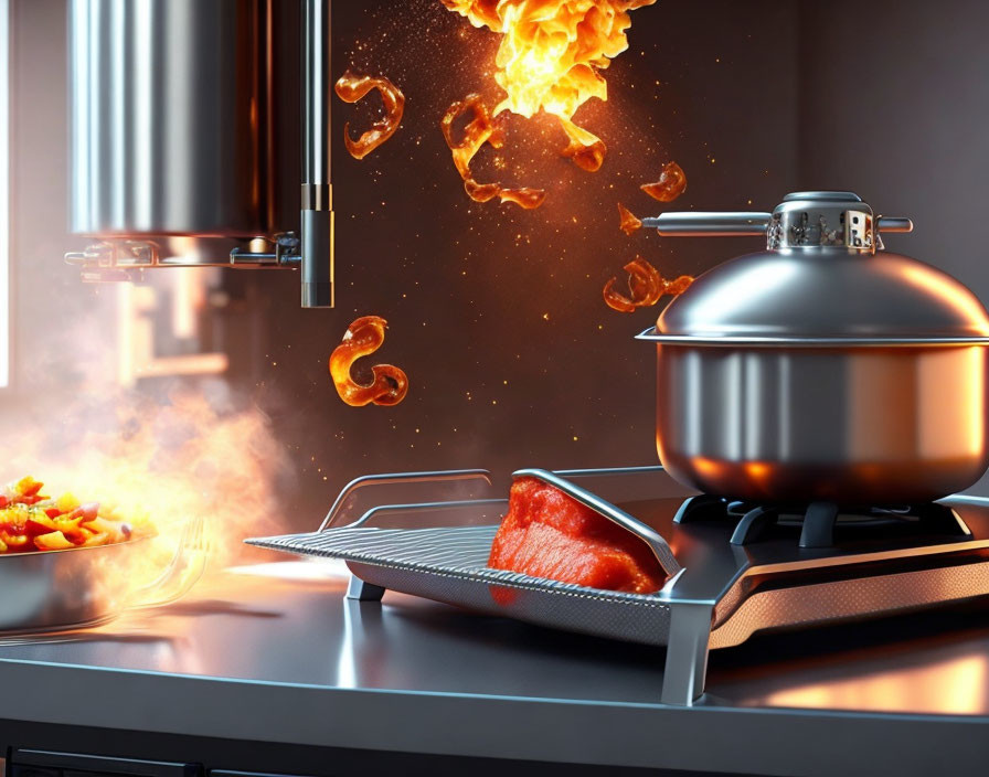 Kitchen scene with steel pot, flaming food, and grilling steak.