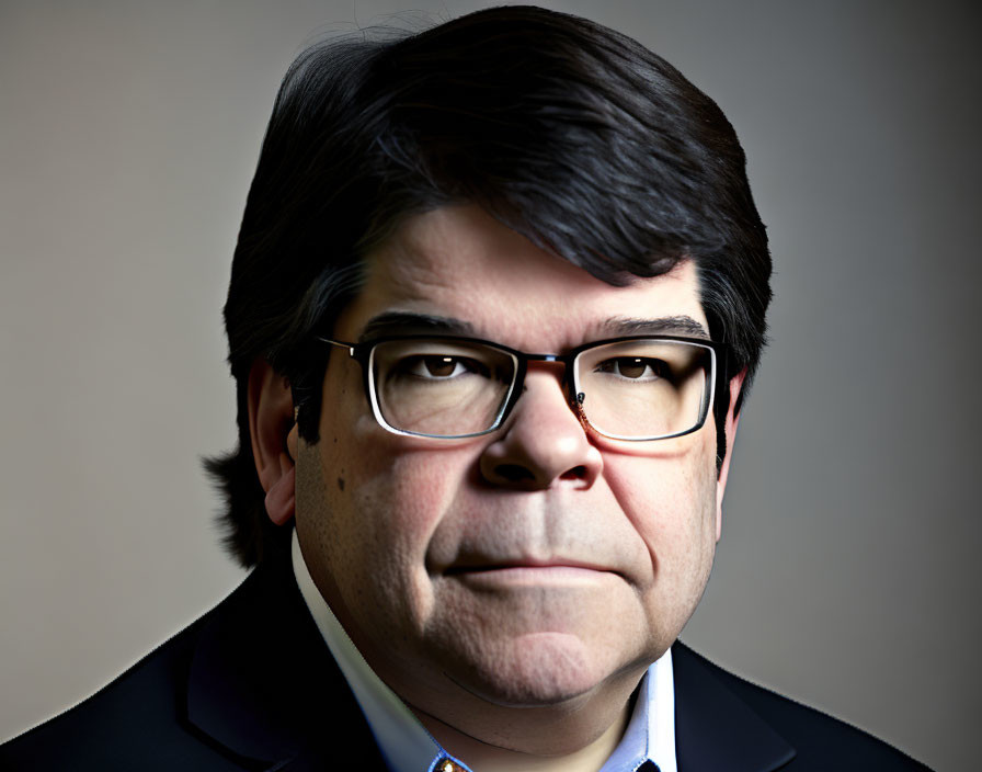 Man with Dark Hair and Glasses in Blue Blazer Portrait on Gradient Background