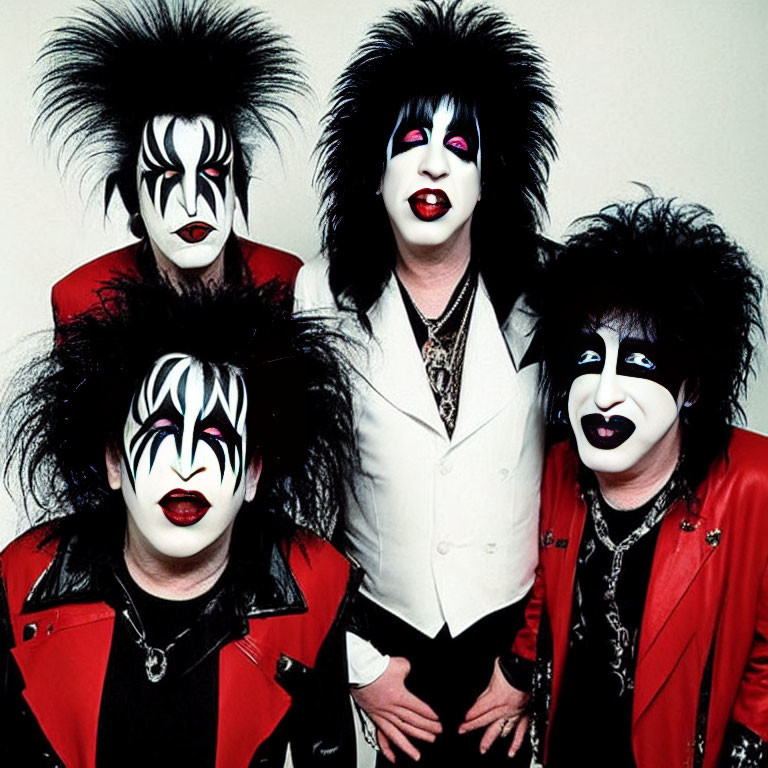 Four individuals in black and white face paint with wild black hair, dressed in rock-inspired attire.