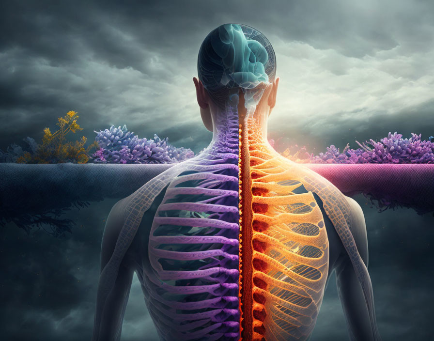 Colorful Flowers Surrounding Anatomical Spine and Brain in Human Digital Art