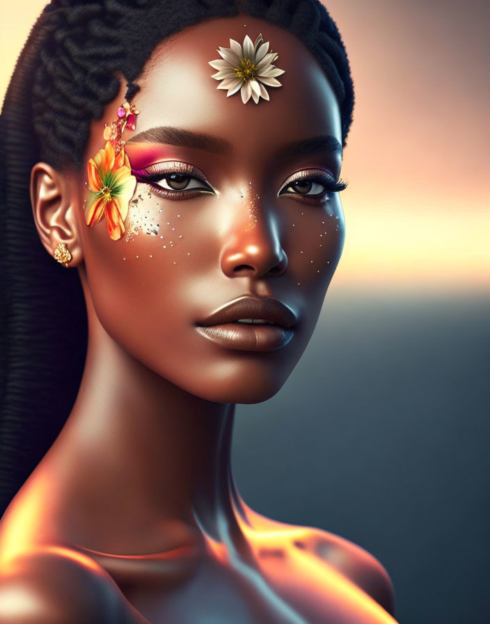 Dark-skinned woman digital portrait with floral hair adornments and star-like freckles.